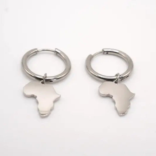 Pair of silver hoop earrings with Africa map charms on a white background
