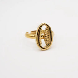 Gold plated cowry ring with a unique design on a white background