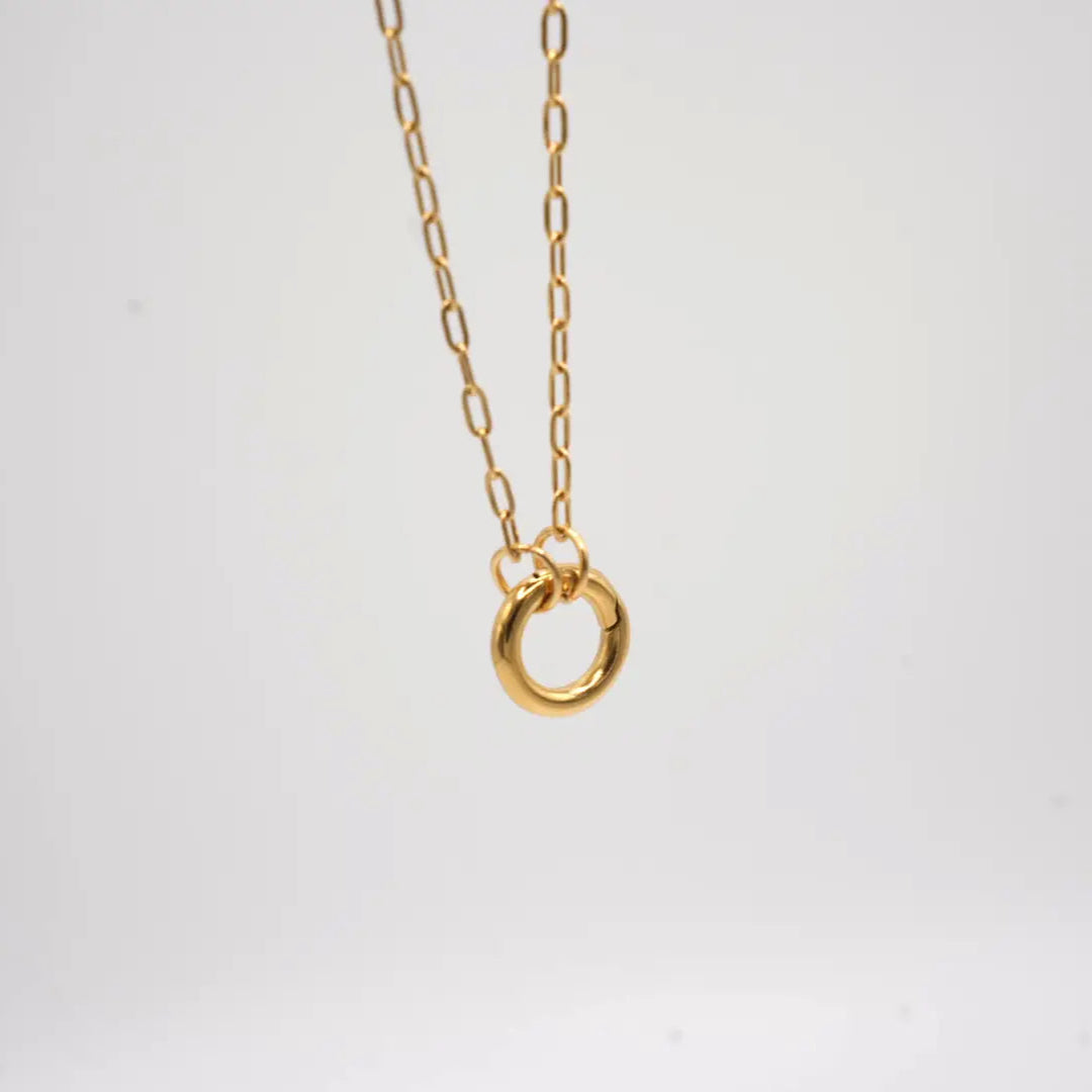 Gold necklace with a small round pendant on a light gray background