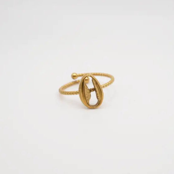 Gold ring with cowry on a white background