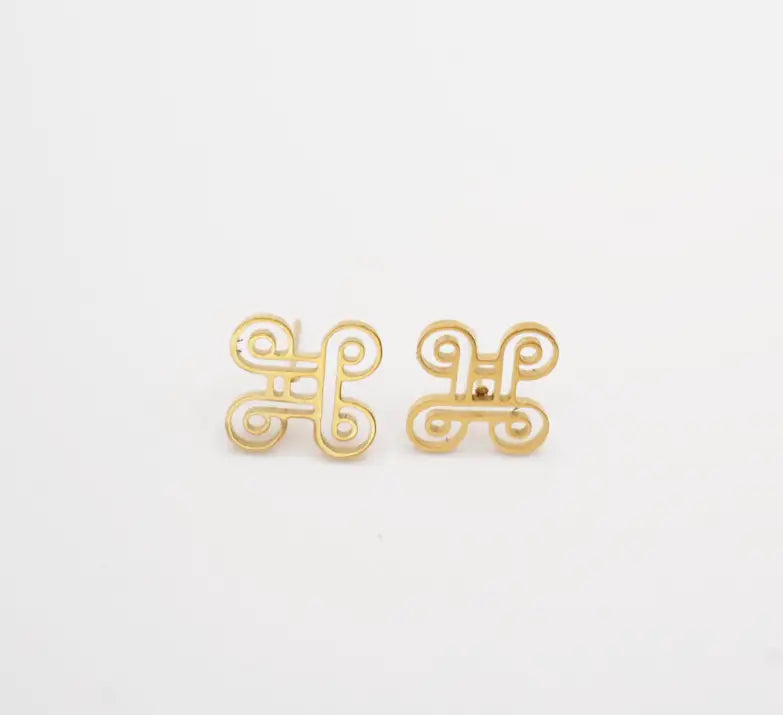 Gold earrings with a decorative design on a white background, inspired by adinkra symbol