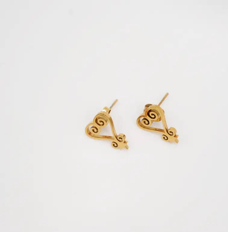 Pair of gold sankofa earrings on a light gray background
